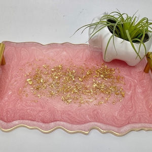 Geode agate Pink and gold resin decorative serving tray with modern gold bar handles 11.5x7.5 CUSTOM colors available