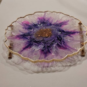 Handmade Purple Floral Resin Tray: Decorative Cake Stand with Gold Handles