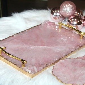 HANDMADE Pink Rose quartz Theme Resin tray, Epoxy Resin Tray with Rose Quartz Rim, White and Pink Resin Tray with gold Paint and Handles