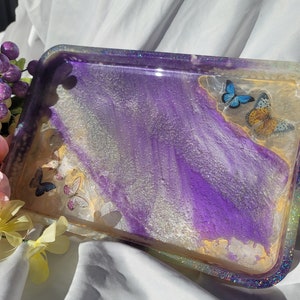 Butterfly Resin Vanity Tray: Handmade Purple & Mint Decor