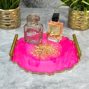 Hot Pink and Gold Perfume Tray Hot Pink Coasters Pink Living Room Table Decor Dining Decor Pink Resin Coasters Gift for Her Hot Pink