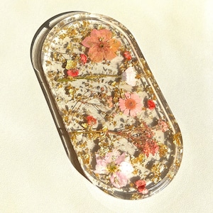 Resin Pressed Pink Flower Jewellery Tray | Oval Trinket Dish | Real Flowers & Gold Leaf | Gift for Her | Gift for Mum | Handmade Home Decor