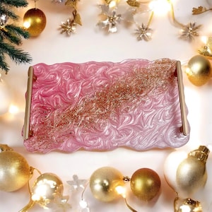 Ombré Pink & White Resin Tray, Anniversary Gift, Pink Serving Tray, Glam Make Up Tray, Perfume Tray, Vanity Tray, Handmade, Tray w/Handles