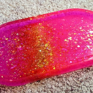 Neon Pink Epoxy Resin Vanity Tray: Iridescent Glitter, Gold Flakes