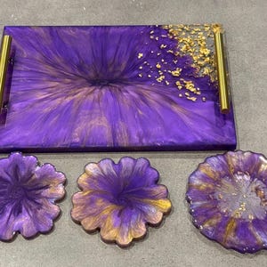 Gold Leaf Resin Tray with Coasters: Purple and Gold Decor