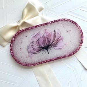 Handcrafted Purple Flower Resin Tray: Holographic Glitter Oval Trinket Dish