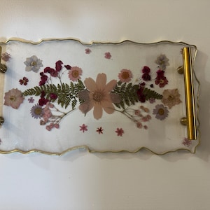 Gold Leaf and Pink Floral Resin Tray 12"